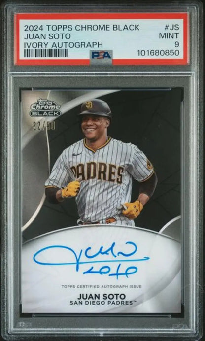 Graded Juan Soto autographed baseball card 2024 Topps Chrome Black Ivory Refractor San Diego Padres