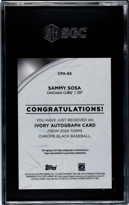 Back of Sammy Sosa autograph card in protective holder from 2024 Topps Chrome Black