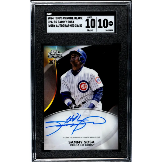 2024 Topps Chrome Black Ivory Refractor #CPA-SS Sammy Sosa SGC 10 Gem Auto 36/50 Chicago Cubs Baseball Card