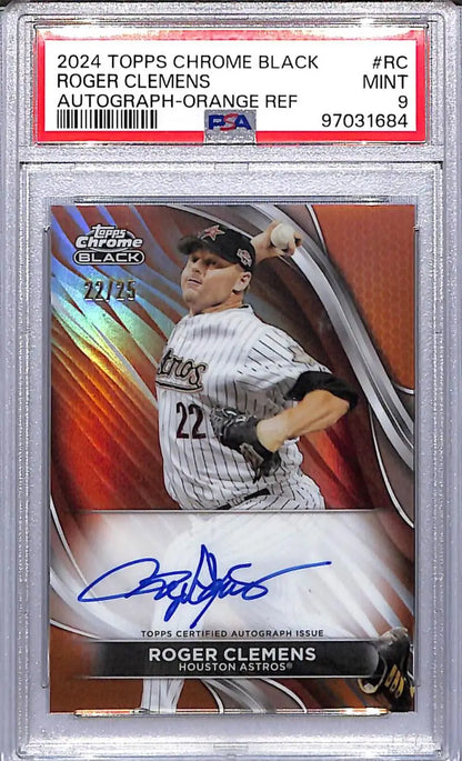 Encased 2024 Topps Chrome Black Orange Roger Clemens Autograph Baseball Card PSA 9