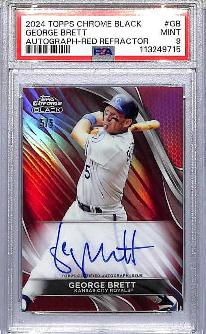 Autographed George Brett baseball card from 2024 Topps Chrome Black Red series