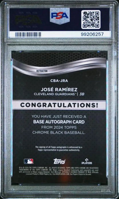 PSA 10 Jose Ramirez Black Refractor Baseball Card from 2024 Topps Chrome Black