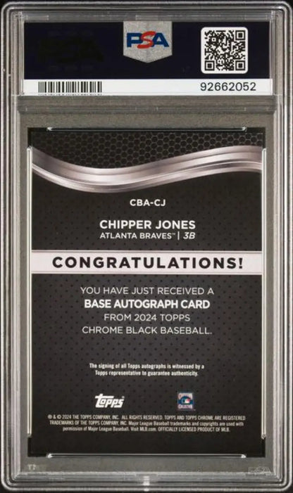 Back view of 2024 Topps Chrome Black Chipper Jones PSA 9 MINT Auto baseball card