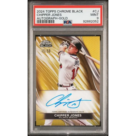 2024 Topps Chrome Black Refractor Gold #CBA-CJ Chipper Jones PSA 9 MINT Auto 45/50 Atlanta Braves Baseball Card