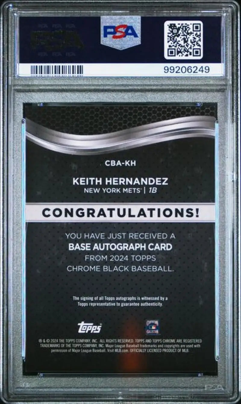 Graded Keith Hernandez autograph baseball card on 2024 Topps Chrome Black Refractor Gold