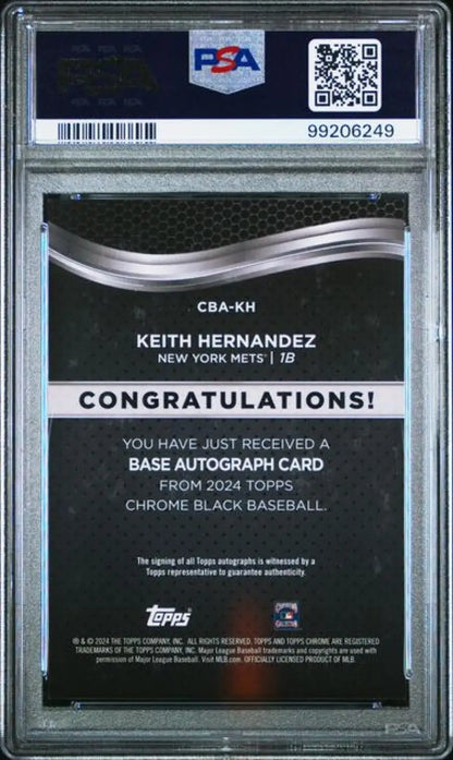 Graded Keith Hernandez autograph baseball card on 2024 Topps Chrome Black Refractor Gold