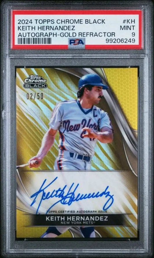 Autographed Keith Hernandez baseball card with black refractor gold finish from 2024 Topps Chrome Black Refractor