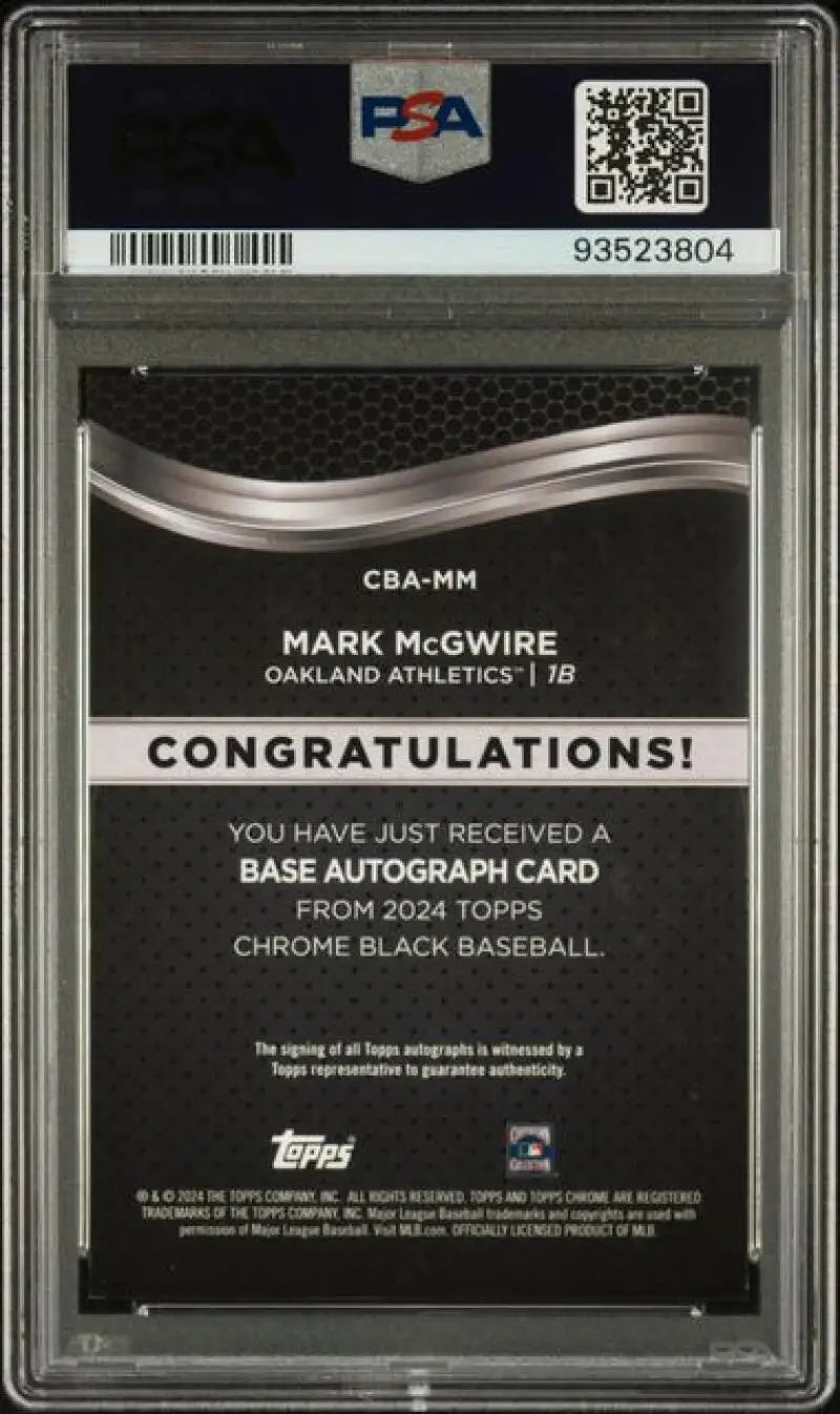 Back side of 2024 Topps Chrome Black Refractor Gold Mark McGwire PSA 9 Mint baseball card