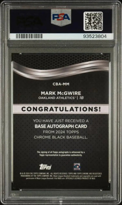 Back side of 2024 Topps Chrome Black Refractor Gold Mark McGwire PSA 9 Mint baseball card