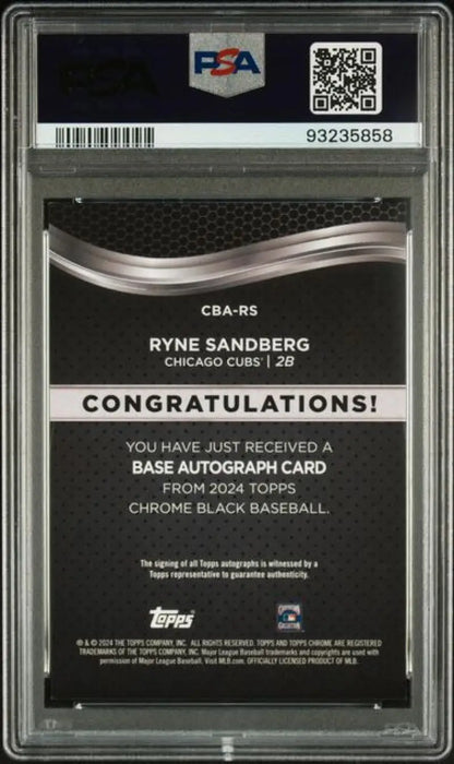 Ryne Sandberg autographed black refractor gold baseball card from 2024 Topps Chrome Black Refractor Gold series