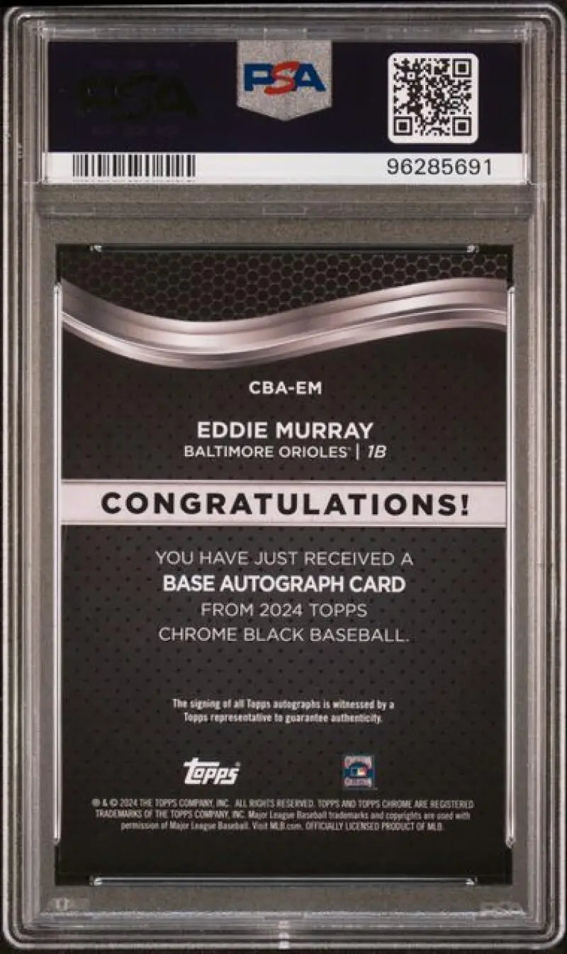 PSA 10 GEM MINT Auto card back 2020 Topps Chrome Black Eddie Murray Baltimore Orioles