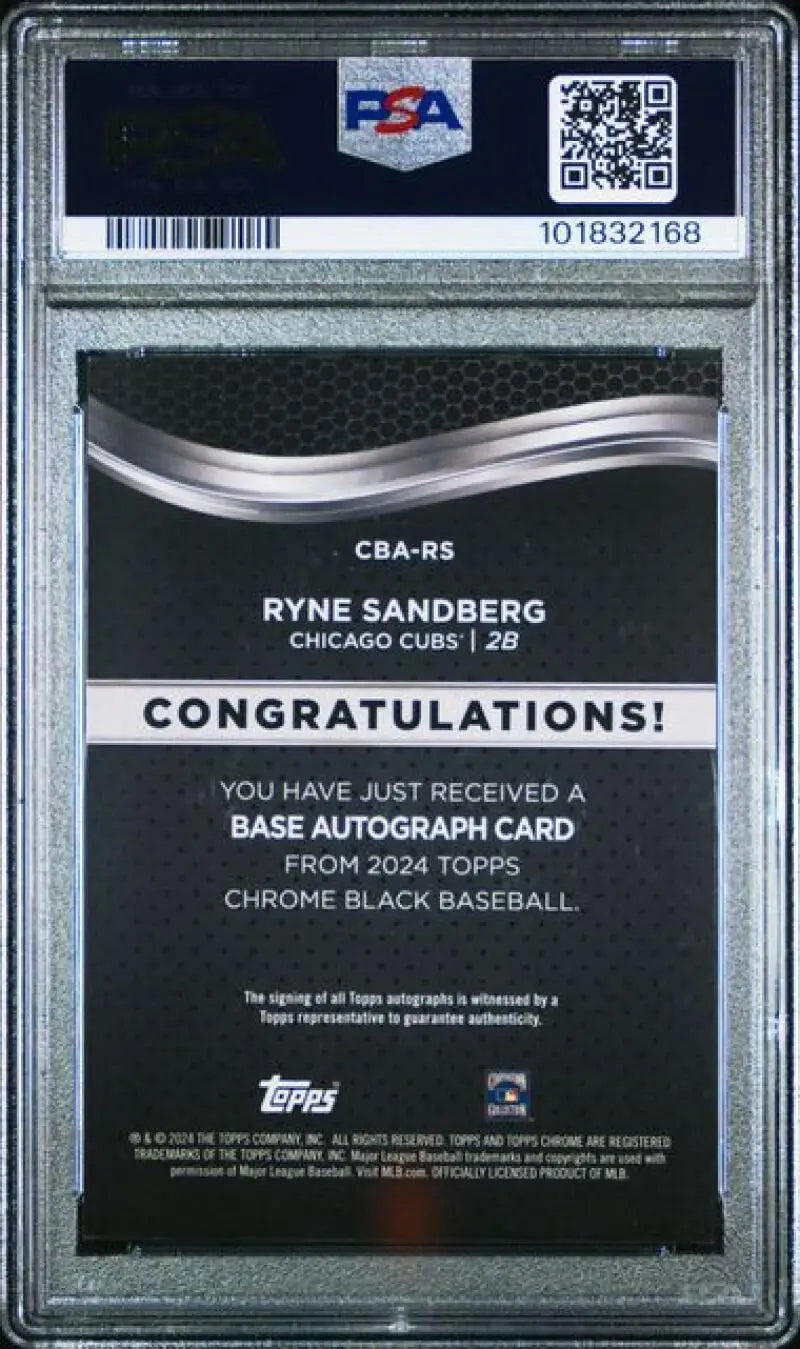 Back side of PSA-graded Ryne Sandberg Topps Chrome Black Refractor autographed card