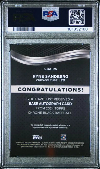 Back side of PSA-graded Ryne Sandberg Topps Chrome Black Refractor autographed card
