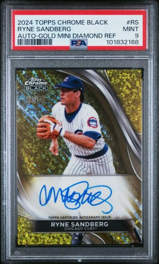 PSA-graded 2024 Topps Chrome Black Refractor Gold Mini-Diamonds Ryne Sandberg Auto Card