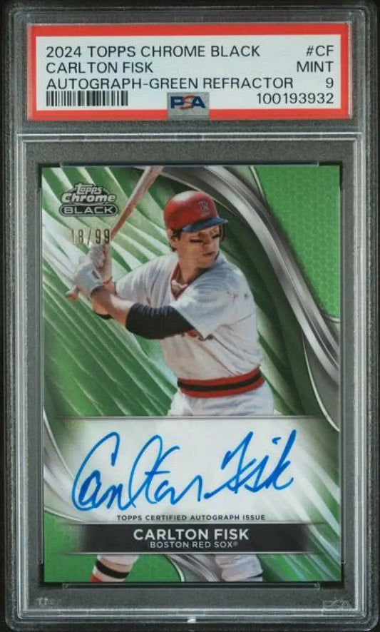 PSA-graded 2024 Topps Chrome Black Refractor Green Carlton Fisk Boston Red Sox Auto Card