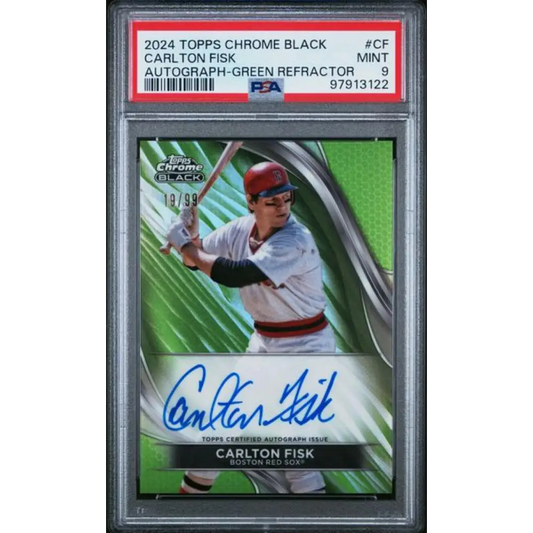 2024 Topps Chrome Black Refractor Green #CBA-CF Carlton Fisk PSA 9 MINT Auto 19/99 Boston Red Sox Baseball Card