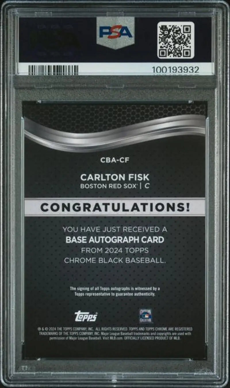 Back of PSA-graded Topps Chrome Black Refractor Green Carlton Fisk card with certification information