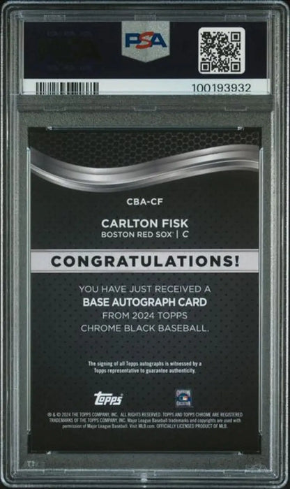 Back of PSA-graded Topps Chrome Black Refractor Green Carlton Fisk card with certification information