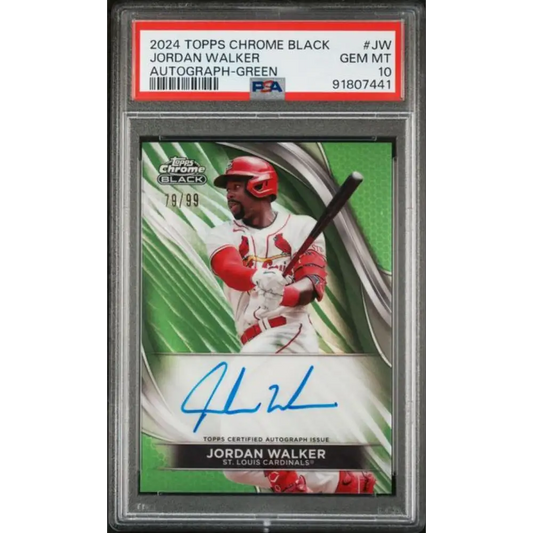 2024 Topps Chrome Black Refractor Green #CBA-JW Jordan Walker PSA 10 GEM MINT Auto 79/99 St. Louis Cardinals Baseball Card