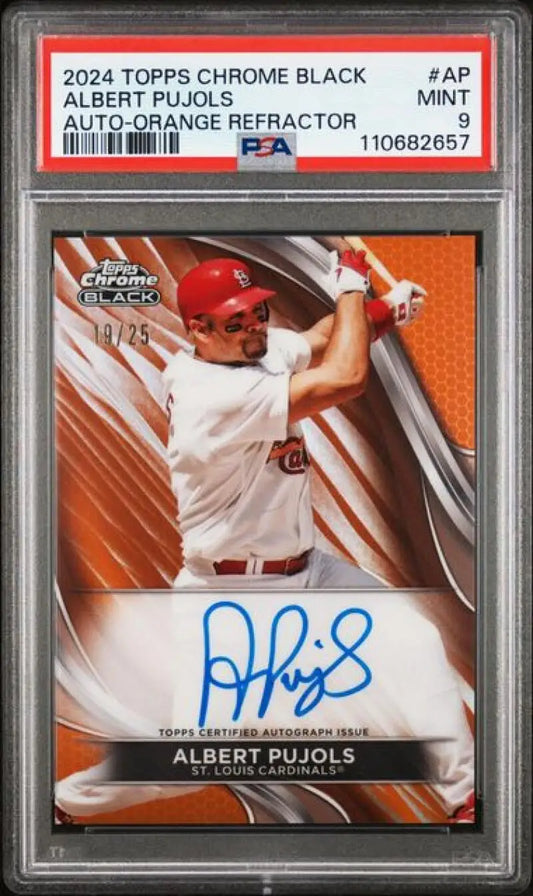Albert Pujols autographed baseball card with black refractor orange finish and PSA 9 grade