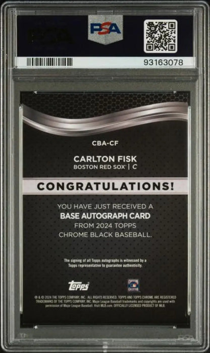 Back side view of 2024 Carlton Fisk Red Sox Baseball Card PSA-graded Topps Chrome Black