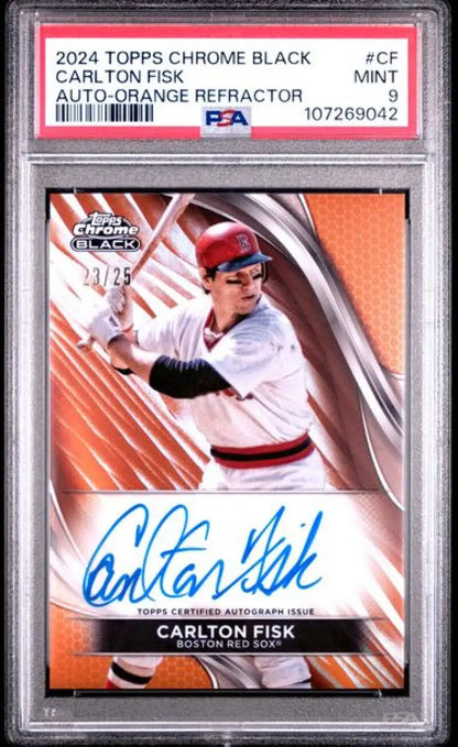 Graded Carlton Fisk autographed red Sox baseball card on 2024 Topps Chrome Black Refractor Orange