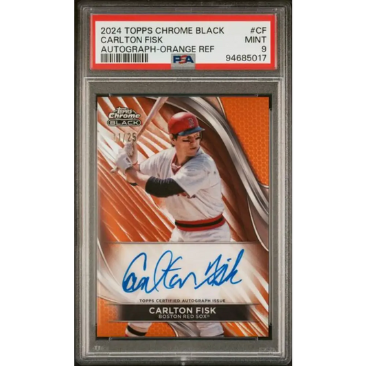 2024 Topps Chrome Black Refractor Orange #CBA-CF Carlton Fisk PSA 9 MINT Auto 11/25 Boston Red Sox Baseball Card