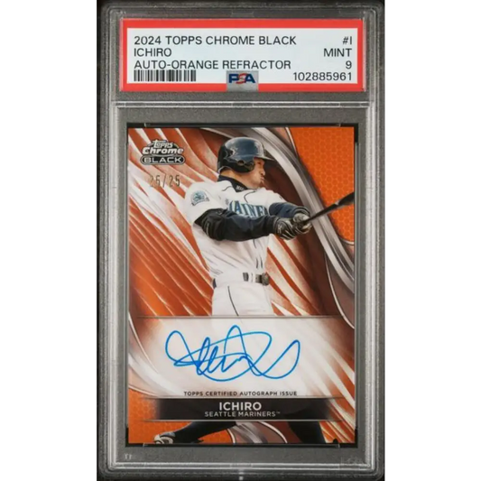 2024 Topps Chrome Black Refractor Orange #CBA-I Ichiro PSA 9 MINT Auto 25/25 Seattle Mariners Baseball Card