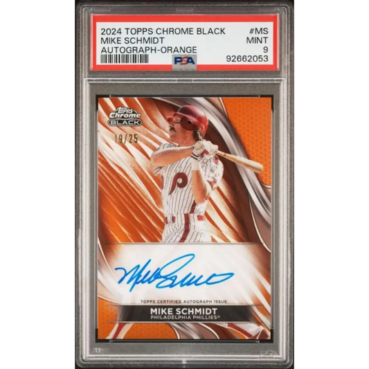 2024 Topps Chrome Black Refractor Orange #CBA-MS Mike Schmidt PSA 9 MINT Auto 19/25 Philadelphia Phillies Baseball Card
