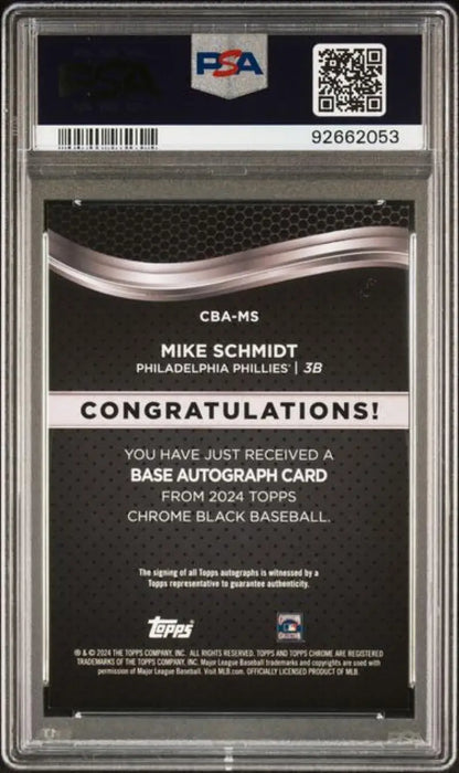 Back side of a PSA 9 MINT Mike Schmidt Black Refractor autograph card for Philadelphia Phillies