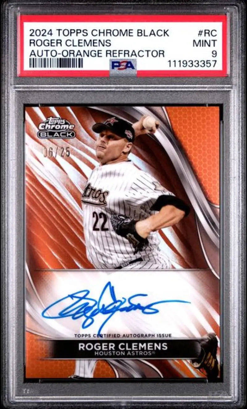 Autographed Roger Clemens baseball card from 2024 Topps Chrome Black Refractor Orange series