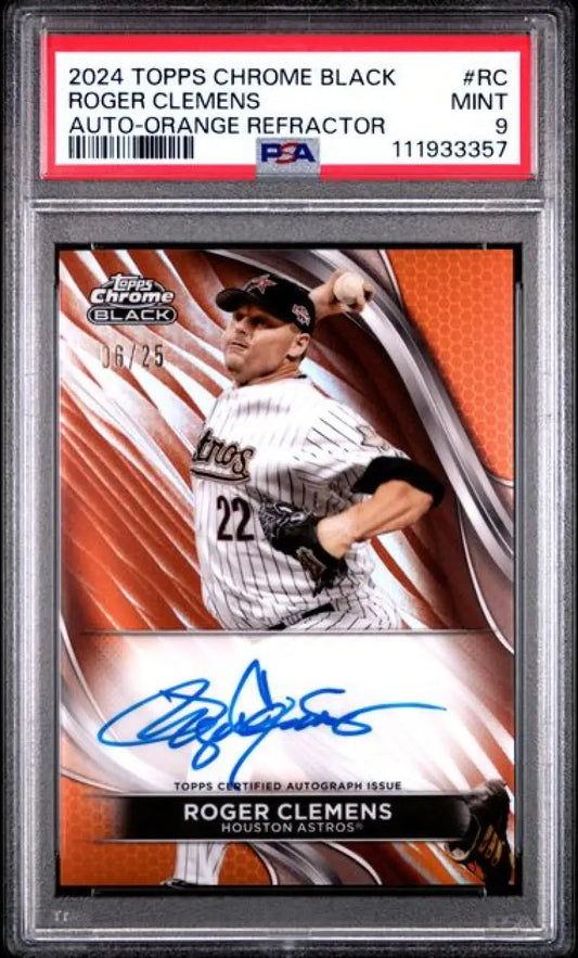 Autographed Roger Clemens baseball card from 2024 Topps Chrome Black Refractor Orange series