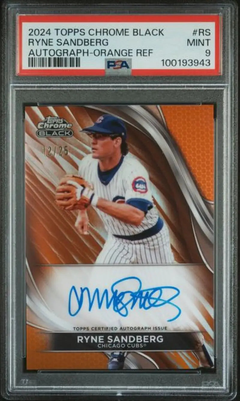 2024 Topps Chrome Black Refractor Orange #CBA-RS Ryne Sandberg PSA 9 MINT Auto 12/25 Chicago Cubs Baseball Card