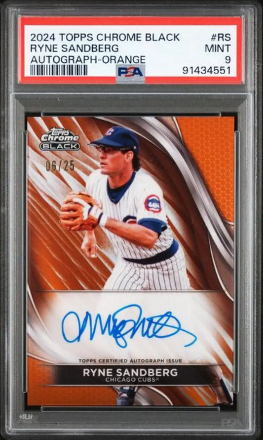 2024 Topps Chrome Black Refractor Orange #CBA-RS Ryne Sandberg PSA 9 MINT Auto 8/25 Chicago Cubs Baseball Card