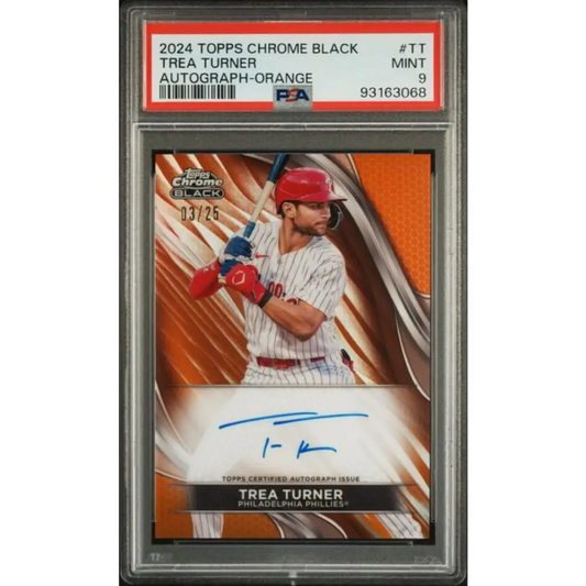2024 Topps Chrome Black Refractor Orange #CBA-TT Trea Turner PSA 9 MINT Auto 3/25 Philadelphia Phillies Baseball Card
