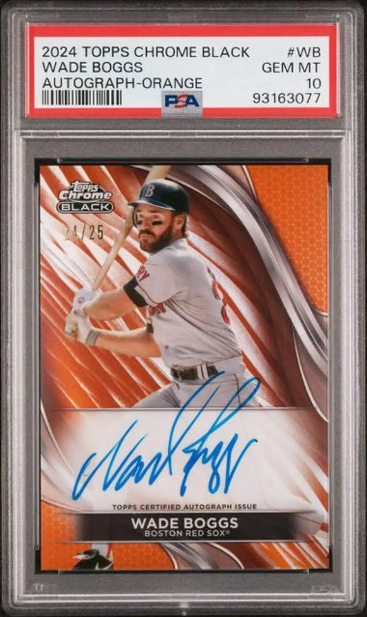 PSA 10 Wade Boggs Black Refractor Auto 2024 Topps Chrome Baseball Card on orange background
