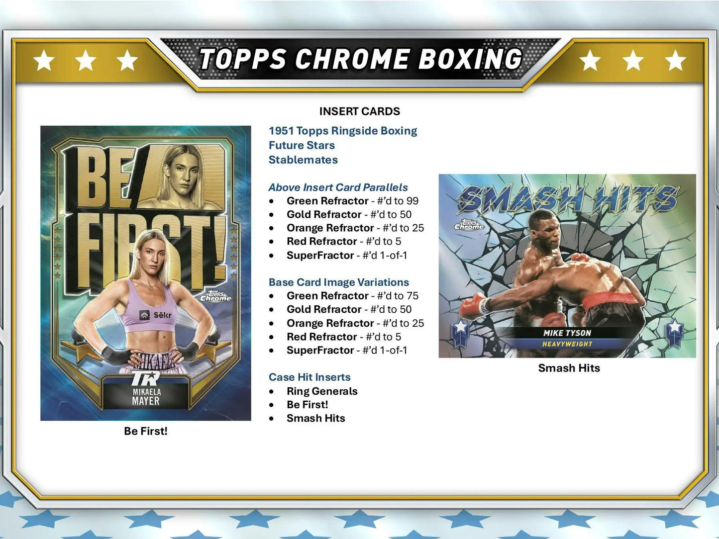 Promotional poster for 2024 Topps Chrome Boxing trading cards highlighting parallels include inserts