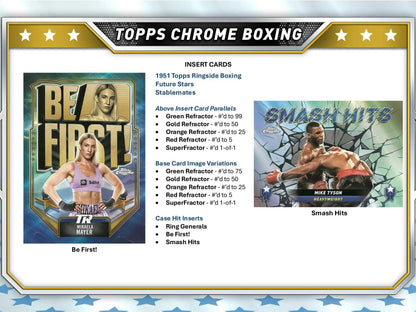 Promotional poster for 2024 Topps Chrome Boxing trading cards highlighting parallels include inserts
