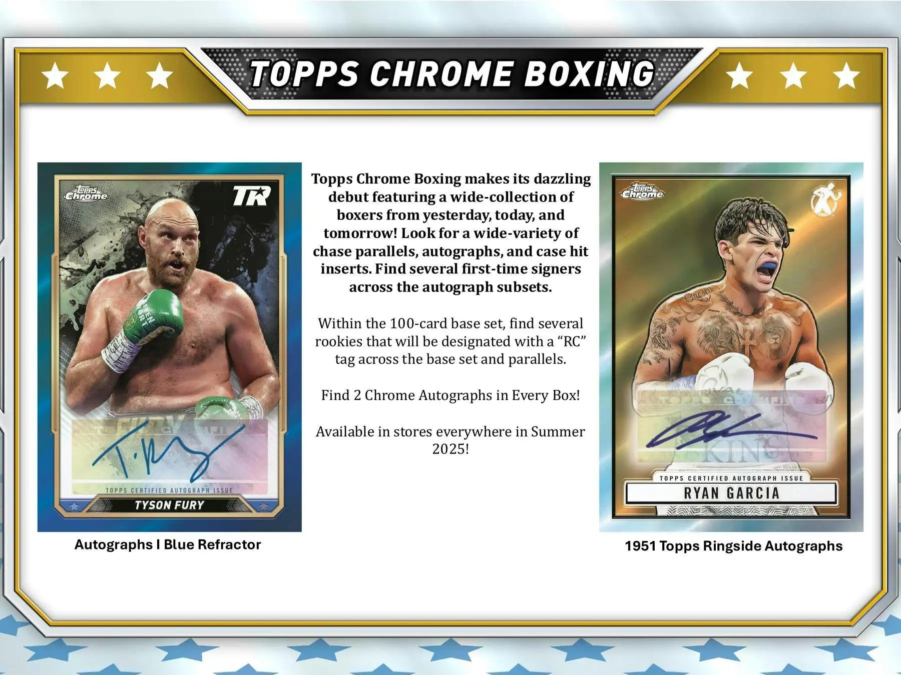 Promotional card for Topps Chrome Boxing showcasing autographed parallels in chrome boxing hobby