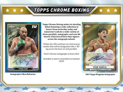 Promotional card for Topps Chrome Boxing showcasing autographed parallels in chrome boxing hobby