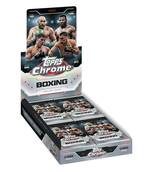 Retail display box of Topps Chrome Boxing trading cards from 2024 Topps Chrome Boxing Hobby