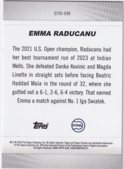 Trading card of Emma Raducanu’s 2023 Indian Wells performance, Topps Chrome Captured