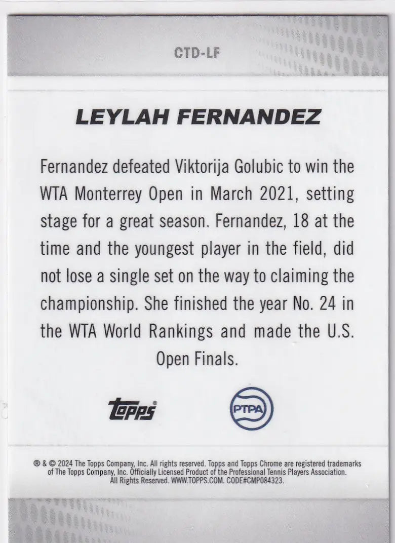 Trading card back showcasing Leylah Fernandez’s 2021 Monterrey Open win in Topps Chrome Captured