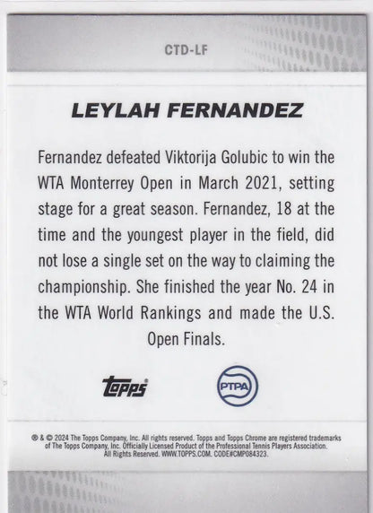 Trading card back showcasing Leylah Fernandez’s 2021 Monterrey Open win in Topps Chrome Captured