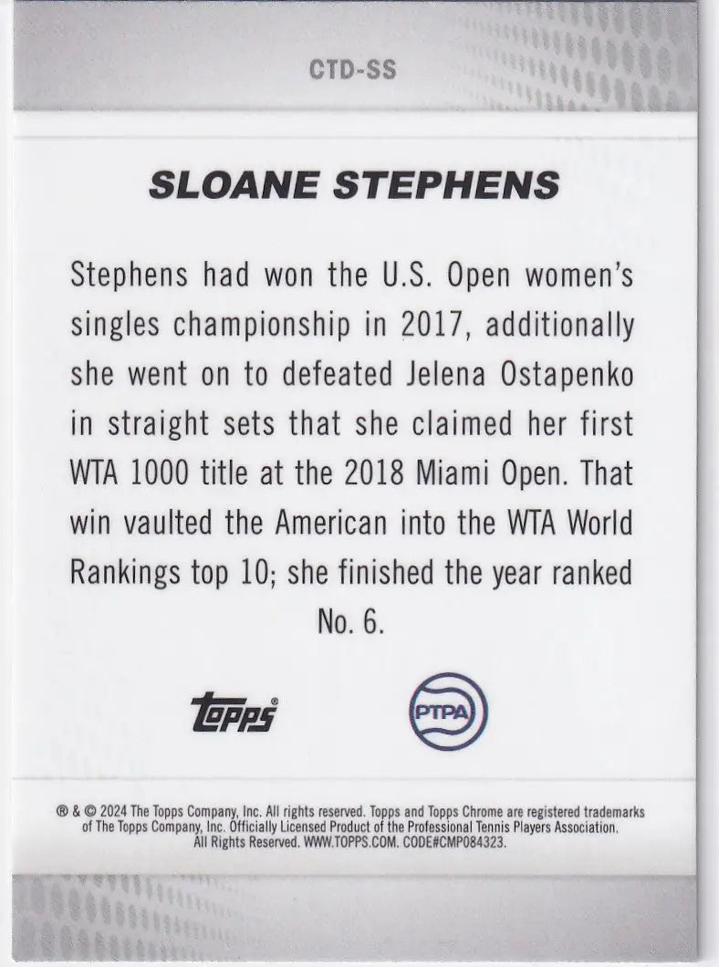 Trading card showcasing Sloane Stephens’ 2017 U.S. Open and 2018 Miami Open achievements in Topps Chrome Captured
