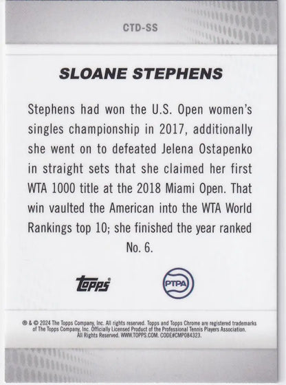 Trading card showcasing Sloane Stephens’ 2017 U.S. Open and 2018 Miami Open achievements in Topps Chrome Captured