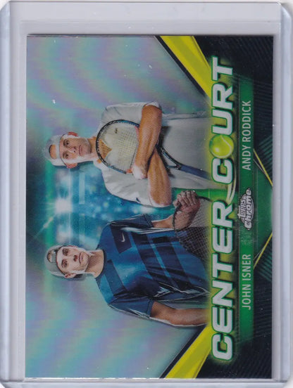 Trading card of two soccer players in jerseys on Topps Chrome Center Court backdrop