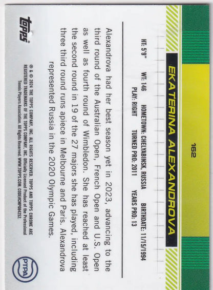 Back side of 2024 Topps Chrome Clay Court #162 Ekaterina Alexandrova trading card