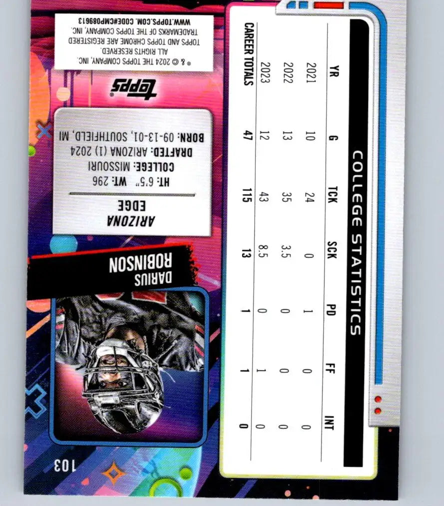 Football trading card featuring Darius Robinson with college stats from 2024 Topps Chrome Cosmic