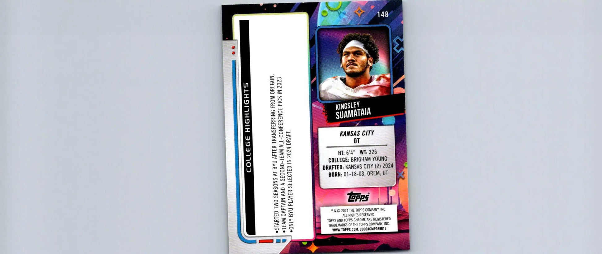 Sports trading card of Kingsley Suamataia from 2024 Topps Chrome Cosmic collection